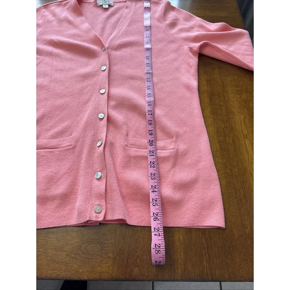 Studio works Button Down Long Pink Cardigan Petite Large 3/4 Sleeve Pearl Button